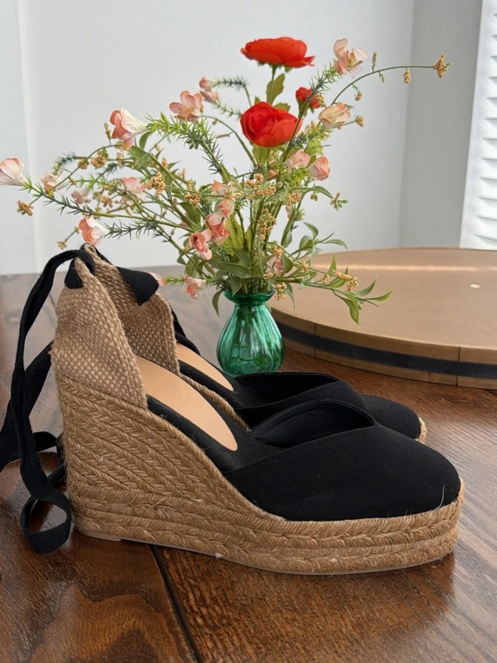 Castaner Black Canvas Espadrille Wedges with Jute Platform and Ankle Ties